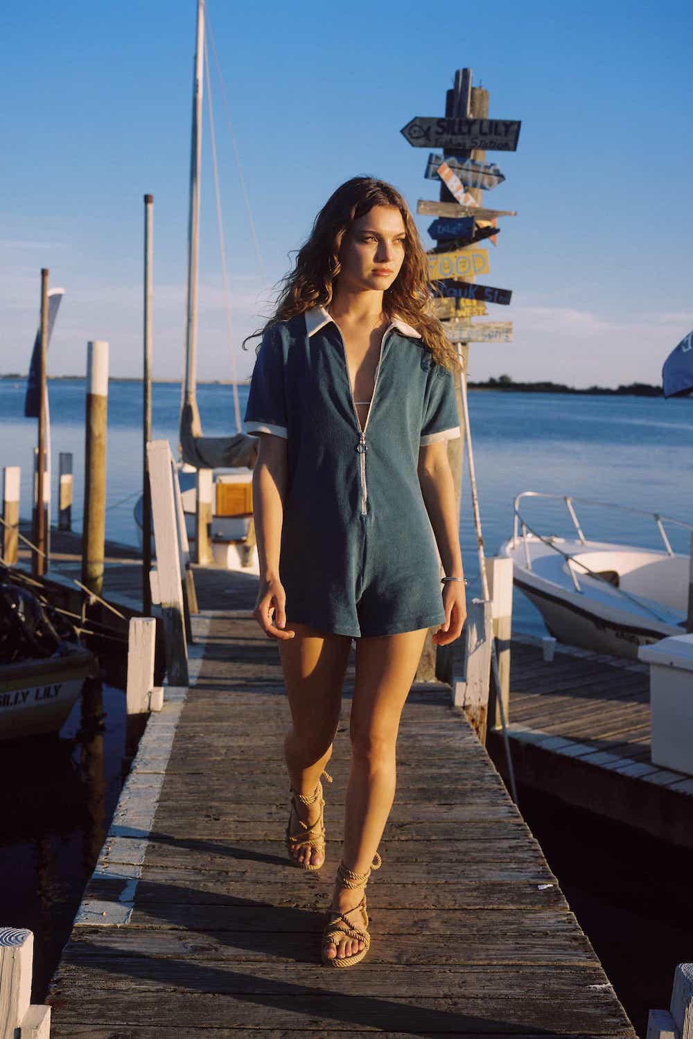 sun protective UPF all day terry playsuit in bluestone